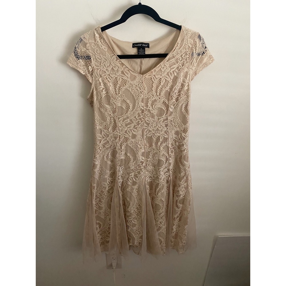 Candalite Petite Beige‎ Floral Lace Cap Sleeve Godet Cocktail Dress PL